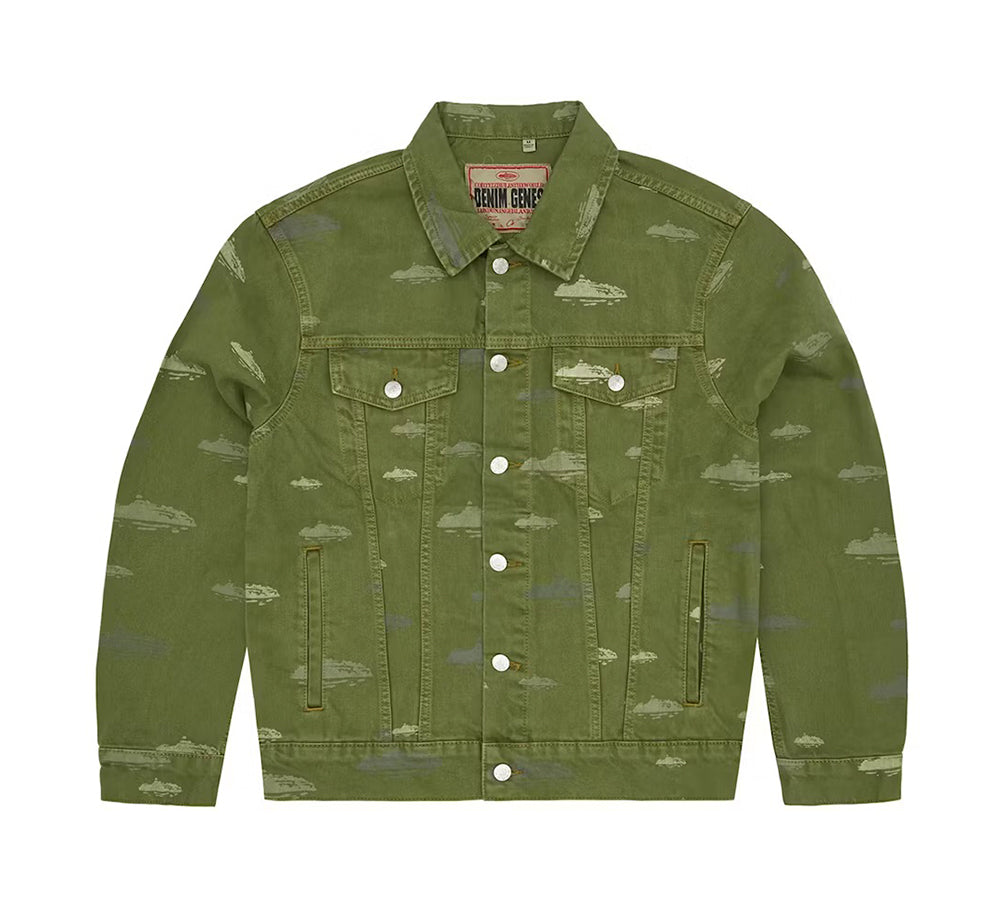 Corteiz Alcatraz Pattern Denim Jacket - Khaki